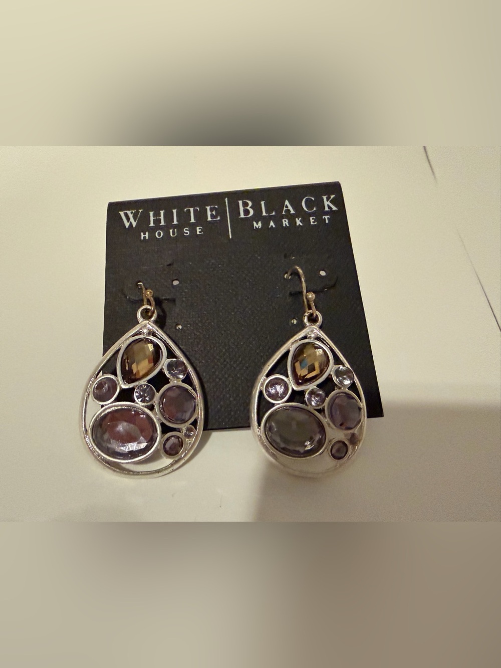White House Black Market Silver Teardrop Earrings with Smoky and Lavender Stones